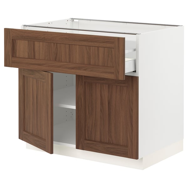 SEKTION / MAXIMERA Gabinete bajo+cajón/2 puertas, blanco Enköping/marrón efecto de nogal, 36x24x30 "