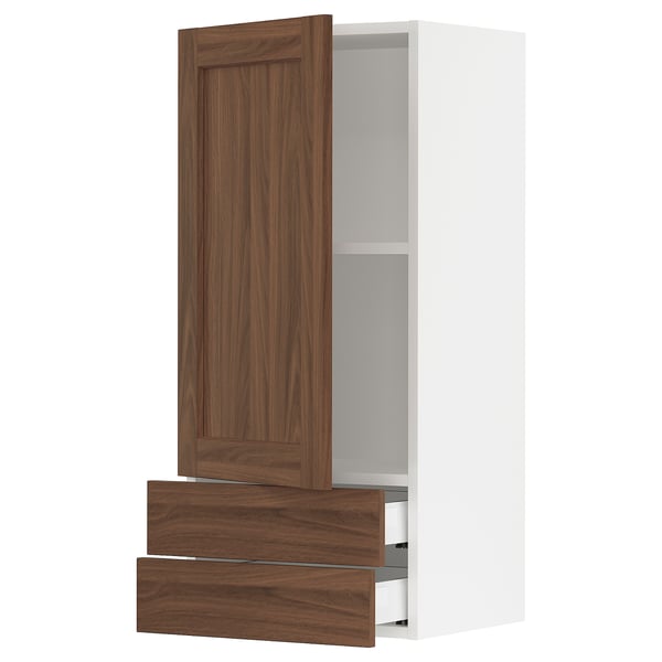 SEKTION / MAXIMERA Gabinete de pared+puerta/2 cajones, blanco Enköping/marrón efecto de nogal, 18x15x40 "