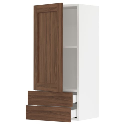 SEKTION / MAXIMERA Gabinete de pared+puerta/2 cajones, blanco Enköping/marrón efecto de nogal, 18x15x40 "