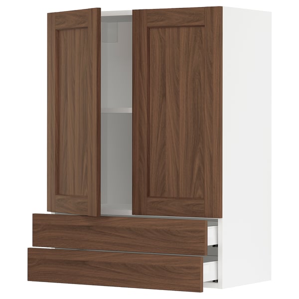 SEKTION / MAXIMERA Gabinete pared+2 puertas/2 cajones, blanco Enköping/marrón efecto de nogal, 30x15x40 "