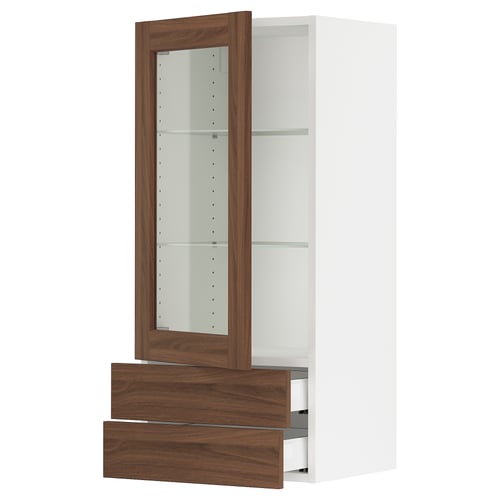 SEKTION / MAXIMERA Gabinete pared+puerta vidrio/2 cjn, blanco Enköping/marrón efecto de nogal, 18x15x40 "