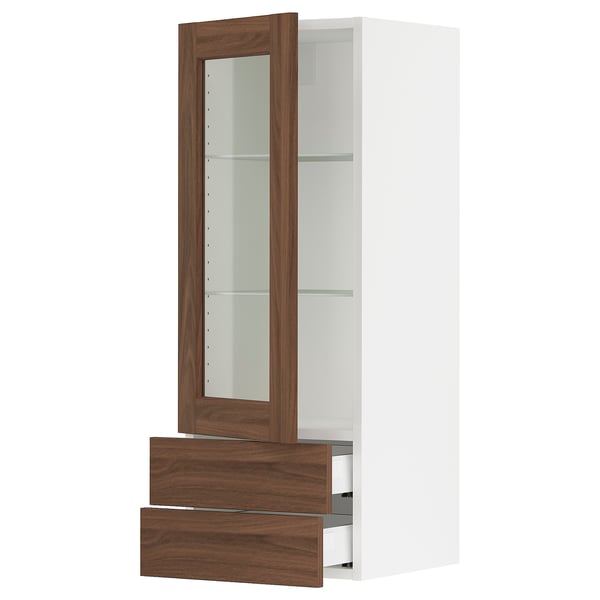 SEKTION / MAXIMERA Gabinete pared+puerta vidrio/2 cjn, blanco Enköping/marrón efecto de nogal, 15x15x40 "