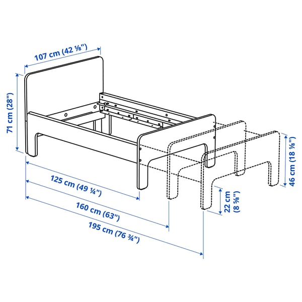 SLÄKT / NATTAPA Armazón cama exten+barand+base tbl, blanco, 38 1/4x74 3/4 "