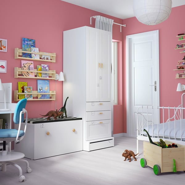 SMÅSTAD / UPPFÖRA Combinación de almacenaje, blanco +marco/+banca, 59x25 5/8x77 1/8 "