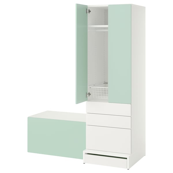 SMÅSTAD / UPPFÖRA Combinación de almacenaje, blanco verde claro/+banca, 59x25 5/8x77 1/8 "
