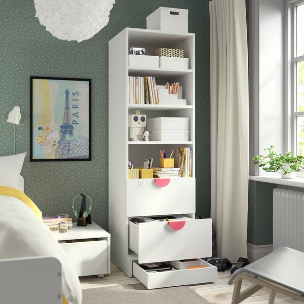 SMÅSTAD / UPPFÖRA Librero, blanco blanco/+2 cajones, 23 5/8x25 5/8x77 1/8 "