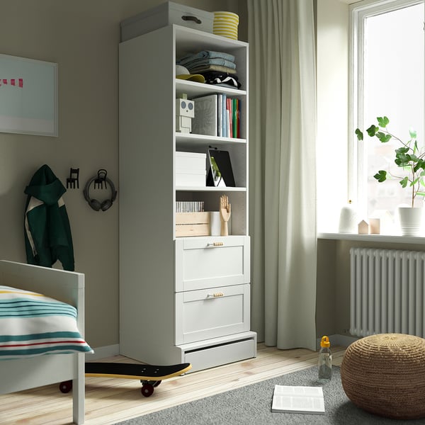 SMÅSTAD / UPPFÖRA Librero, blanco +marco/+2 cajones, 23 5/8x25 5/8x77 1/8 "