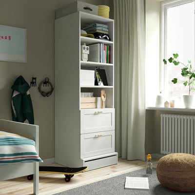 SMÅSTAD / UPPFÖRA Librero, blanco +marco/+2 cajones, 23 5/8x25 5/8x77 1/8 "