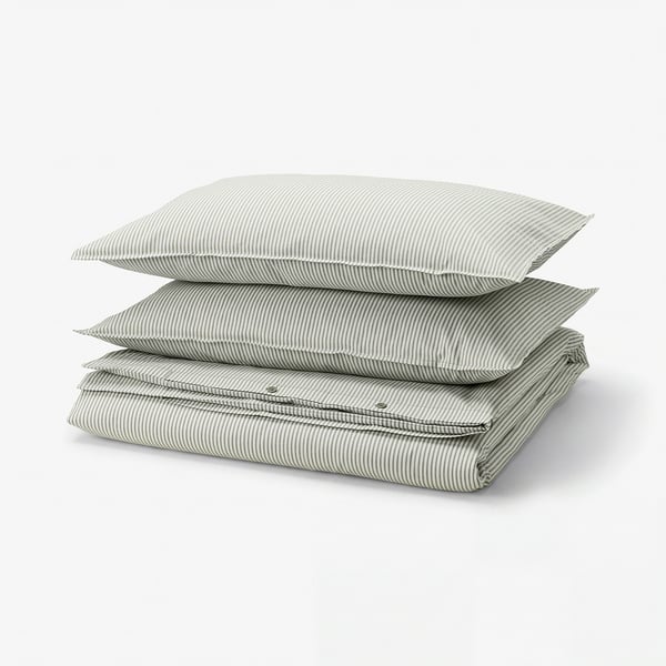 SOLFIBBLA Funda nórdica+funda(s) de almohada, blanco verde/raya, Tamaño Full/Queen (Doble/Queen)