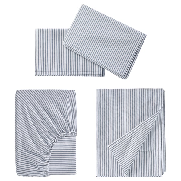 SOLFIBBLA Juego de sábanas, blanco azul/raya, Tamaño full/doble