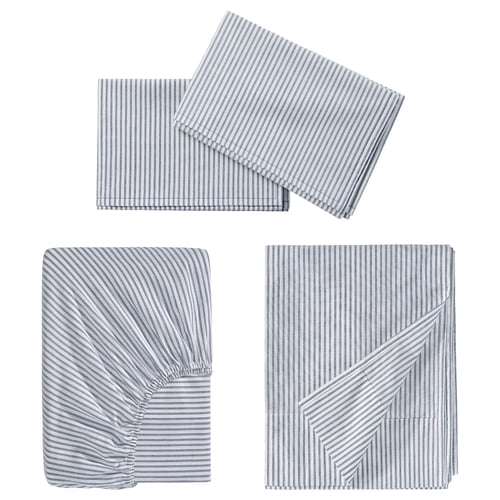 SOLFIBBLA Juego de sábanas, blanco azul/raya, Tamaño full/doble