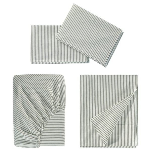 SOLFIBBLA Juego de sábanas, blanco verde/raya, Tamaño full/doble