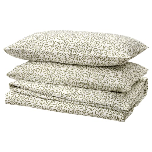 SORGMANTEL Funda nórdica+funda(s) de almohada, blanco/verde, Tamaño Full/Queen (Doble/Queen)