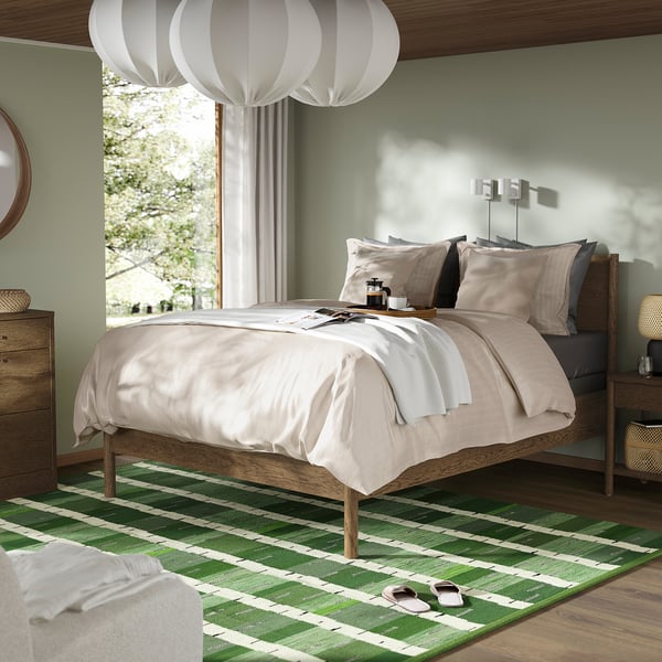 TONSTAD Base de cama, marrón chapa de roble teñida/Lyngör gris oscuro, Tamaño full