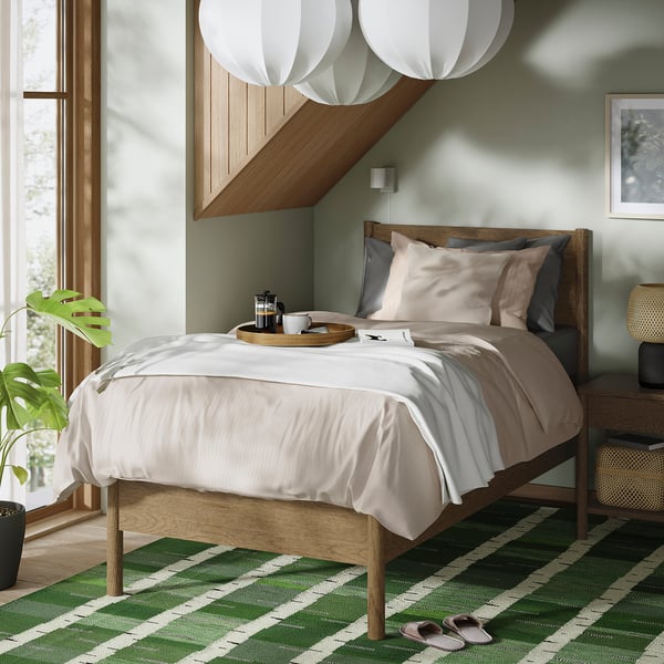 TONSTAD Base de cama, marrón chapa de roble teñida/Lyngör gris oscuro, Tamaño twin