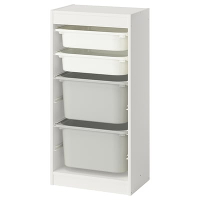TROFAST Combinación almacenamiento+cajas, blanco blanco/gris, 18 1/8x11 3/4x37 "