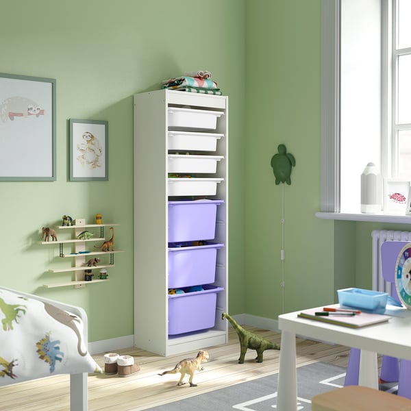 TROFAST Combinación almacenamiento+cajas, blanco blanco/lila, 18 1/8x11 3/4x57 1/8 "