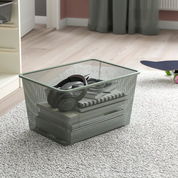 TROFAST Combinación almacenamiento+cajas, blanco gris oscuro/gris verde claro, 39x17 3/8x22 "