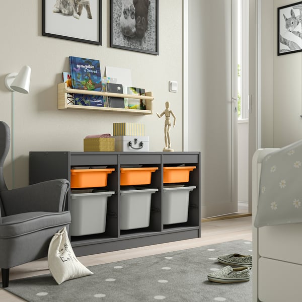 TROFAST Combinación almacenamiento+cajas, gris naranja clara/gris, 39x17 3/8x22 "