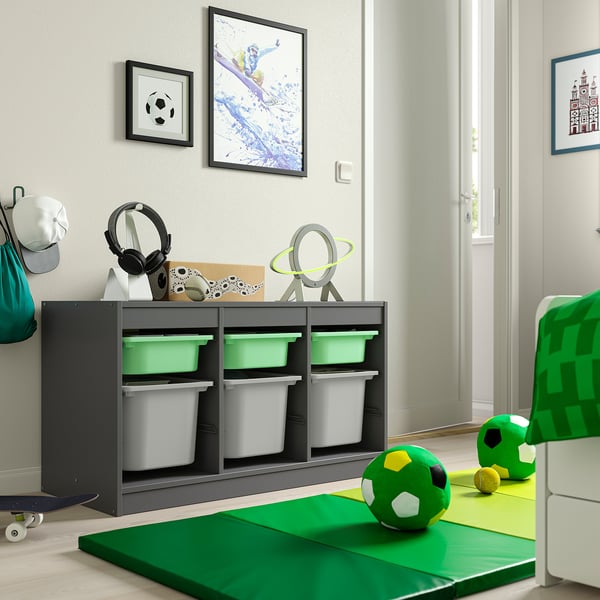 TROFAST Combinación almacenamiento+cajas, gris verde claro/gris, 39x17 3/8x22 "