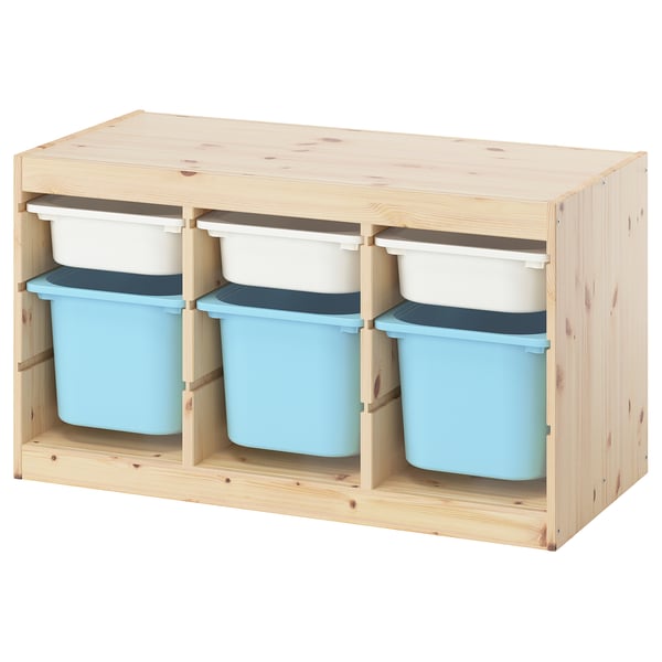 TROFAST Combinación almacenamiento+cajas, pino teñido blanco claro blanco/azul claro, 36 5/8x17 3/8x20 1/2 "