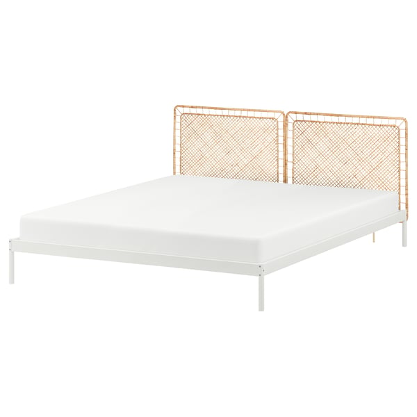 VEVELSTAD Base de cama+2 cabeceras, blanco/Tolkning ratán, Tamaño King