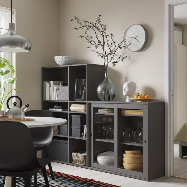 VIHALS Comb almacenamiento+puertas vidrio, gris oscuro/vidrio transparente, 74 3/4x14 5/8x55 1/8 "
