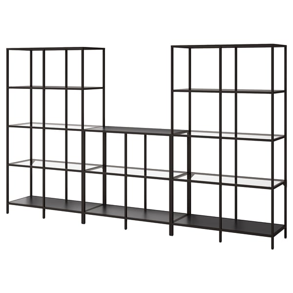 VITTSJÖ Combinación de almacenaje, negro-marrón/vidrio, 118 1/8x14 1/8x68 7/8 "