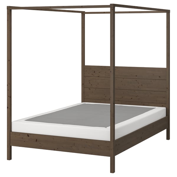 YTTERVÅG Base de cama con dosel, marrón grisáceo/Lyngör blanco, Tamaño queen