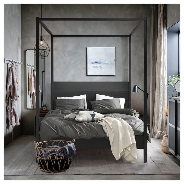 YTTERVÅG Base de cama con dosel, negro, Tamaño queen